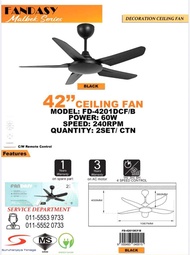 (FANDASY)Decoration Ceiling Fan with Remote Control (42 Inch/5 Blade/4 Speed) - Black (Sirim Approved)(MODEL-  FD-4201DCF/B )
