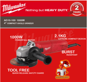 {READY STOCK} {FAST SHIPPING} MILWAUKEE AG10-100 4” COMPACT ANGLE GRINDER (1000W)