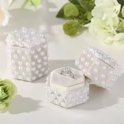 Pearl Velvet Ring Box Hexagon with Detachable Lid Elegant Jewelry Box 2/3 Slots Wedding Decor Rings 