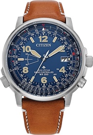 Citizen Mens Eco-Drive Promaster Air Skyhawk Atomic Time Keeping Watch in Super Titanium with Brown Leather Strap Blue Dial (Model: CB0241-00L)