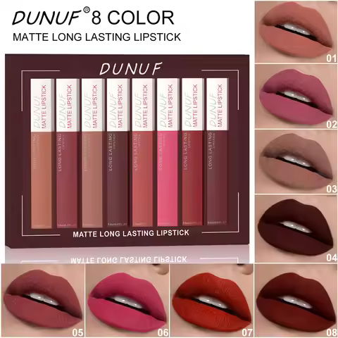 Long-Lasting Lip Gloss Lipstick 8pcs/set: Matte Non-Stick Cup Waterproof Nude Deep Red Mauve Christm