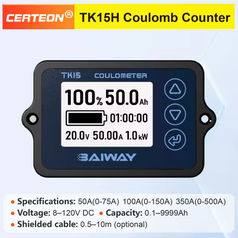 TK15H Battery Monitor Coulometer DC 8-120V Battery Capacity Meter LCD Voltage Current Power Ah SOC 5