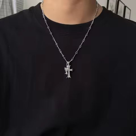 Aesthetic Vintage Double Cross Pendant Necklace Man Silver Color Chain Choker Grunge Goblincore Wome