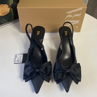 Spain original ZARAˉ New 2024 Summer Low Heel Womens Shoes Black Thin Heel Pointed Toe Low Mouth Bow