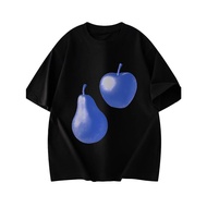 Kaos T Hitam dengan Motif Buah Pear dan Apple Berwarna Biru