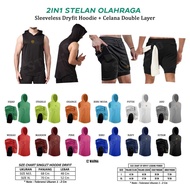 2IN1 SET SINGLET HOODIE & DOUBLE LAYER PANTS DRYFIT STUVCO SPORTS JERSEY 2IN1 FITNESS