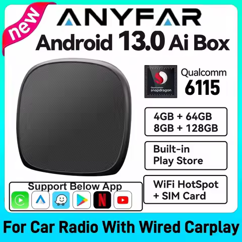 Android 13 ANYFAR Android Auto Wireless CarPlay AI TV Box QCM6115 8-Core Split Screen 64G 128G For N