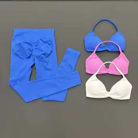 2Pcs Workout Set Women Seamless Halter Sports Bra Suit Butt Lifting High Waist Leggings Yoga Pilates