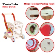 Wooden Shopping Trolley Push Cart Grocery Pretend Play 4 Wheels Walker Toys Fun Approach Learning Ea