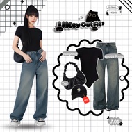 One Set 3in1 Ukey Outfit for Women - [Baggy Jeans + Bodysuit + Bag] Free Black Hat B04