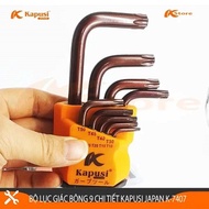 Bộ lục giác hoa thị có lỗ thép S2 nâu dài Nhật Kapusi JAPAN 9 chi tiết T10-T50 tay chữ L tối ưu dễ d