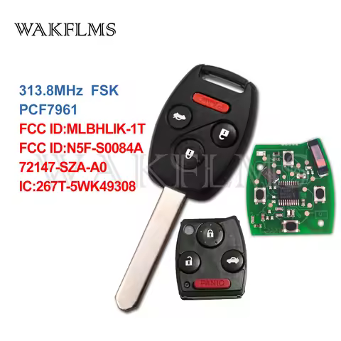 4 Button Remote Car Key 313.8MHz Fob for Honda Accord Civic EX SI Hybrid with PCF7961 Chip MLBHLIK-1