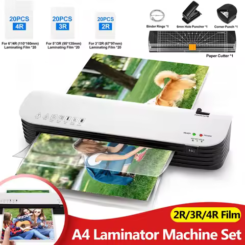 SL299 A4 Laminator Machine Set Hot and Cold with 60Sheets 2R/3R/4R Laminating Film, Paper Cutter, Co