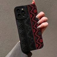 เคสโทรศัพท์ลายชนเผ่าสไตล์วินเทจสีดำกันกระแทกเข้ากันได้กับ Apple ขอบตรงเจาะรู, สีแดงและดำ, เข้ากันได้