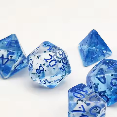 A Set of 7 Transparent Blue Acrylic Dice with Glittering Points, Suitable for Leisure, Games, and En