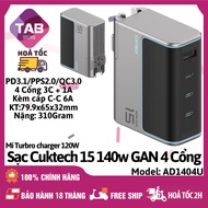 Sạc Cuktech 15 140w 4 Cổng (3C+1A) Mi turbro 120W PD3.1/PPS2.0/QC AD1404U - Bảo Hành 18 Tháng