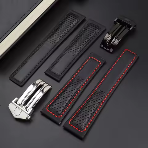 Cow Leather Watch Strap 22mm Watchband For Tag Heuer Fiyta Tissot Watch Band Red Stitches Genuine Le