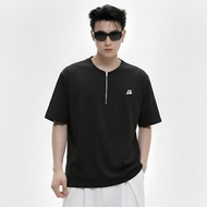 [NuTaS] Unisex Loose Form Soft Cotton Round Neck Logo Embroidered Zipper T-shirt - DK01
