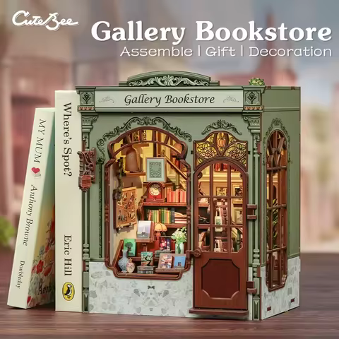 CUTEBEE Wooden Booknook DIY Dollhouse Miniature Room Kit Bookstore Model Bookshelf Insert Gallery Bo