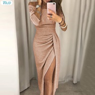 TRJD Sparkly Bodycon Slit Dress Off Shoulder Gown Evening Bodycon Dress Thigh High Split Dress Glamo