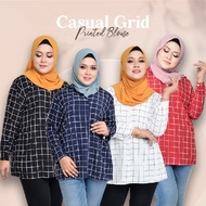 [VIEW] XL-3XL MUSLIMAH PLUS SIZE BLOUSE Casual Grid Printed Blouse Petak Kotak Casual Wear 8001