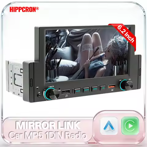 Hippcron 1Din Car Radio Carplay Android Auto Car Stereo 6.2 inch Multimedia MP5 Player HD Touch Scre