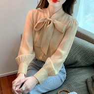 D0801-High-End Feeling Bow Lace-Up Shirt All-Match Western Style Shirt Solid Color Commuter Korean V