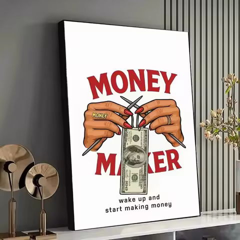 Motivational Money Maker Canvas, Hands Knitting Dollar Bill Art, Financial Success Quote Wall Decor,