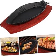 Cabilock Grill Plate Decorative Tray Sizzling Plate with Wooden Base Steak Frying Pan Fajita Pan Nonstick Griddle Pan Sizzling Steak Plate Bbq Iron Plate Fish Metal Cast Iron Barbecue Pan