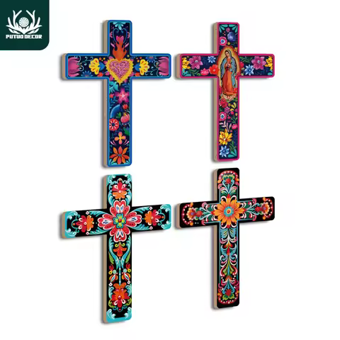 Putuo Decor Mexican Crucifix Wood Wall Decor, Day of the Dead Decoration Wooden Wall Mounted Cross f