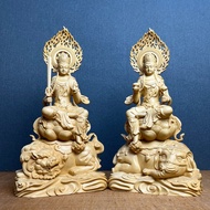 Cypress Carved Manjusri Samantabhadra Bodhisattva Dazhi Daxing Venerable Buddha Statue Pair Solid Wo