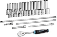 Capri Tools 1/4 in. Drive Master 6-Point Chrome Socket Set, 4 to 15 mm, with Extension and 90-Tooth 