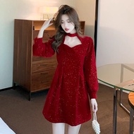 Long Sleeve Mini Red Fitted Dress for Plus Size Women - Perfect for Christmas & Birthday Events