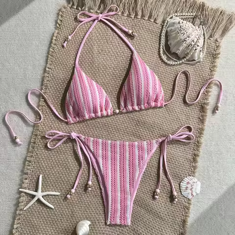 2026 New Solid Color Knitted Women's Bikini Fashion Beach Resort Bikini Swimsuit Micro Bikini Girls 
