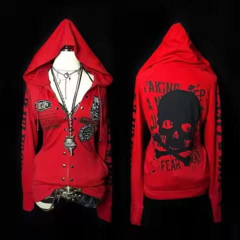 Millennial y2k American retro punk rock dark Harajuku Spice Girls long sleeved hoodie skeleton lette