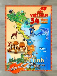 Mẫu 1 Hot! Tranh Decal Bản Đồ Việt Nam 34 tỉnh (sẵn keo lột dán)