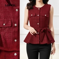 Lovito Casual Top Chrismas Party Red New Year Fake Pocket Button Spring/summer Claret Top for Women 