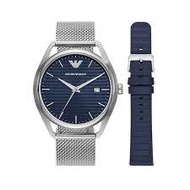 AR80054 Men's Date Silver Mesh & Blue Leather Strap Watch Set