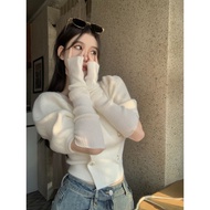 Zero shop🐰พร้อมส่ง🐰 (Zero-4Y91) เสื้อไหมพรม ตกแต่งกระดุมสีทอง แขนสั้นแถมปลอกแขน -C