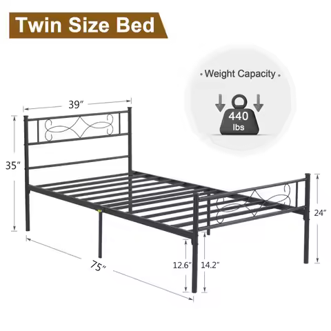 Iron Bed Single 2 Piece Frame Metal Platform Mattress Base Black Steel Bed Twin Metal Loft Single Be
