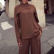 20  New Autumn/Winter Women's Casual Commuter Brown Loose Long Sleeve Ruffle Trim Asymmetrical Top +