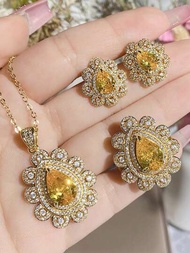 4入組/套金色黃寶石項鍊、耳環、戒指組合,適合婚禮、派對和裝扮