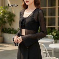 Lovito Women's Casual Trumpet Sleeve Cardigan with Lace Up Y2K Style in Black L52AD060