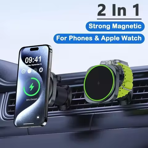 2 IN 1 Magnetic Wireless Car Charger For iPhone 15 14 13 12 Pro Max Apple Watch 8 7 Macsafe Phone Ho
