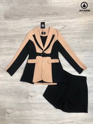 Aiyarin 🌸 พร้อมส่ง 4XL 🌸 เดรสสูทแขนยาว พร้อมกางเกงขาสั้นสีดำ สูทสีทูโทนสีดำกับสีน้ำตาล ใส่ออกงาน ใส่