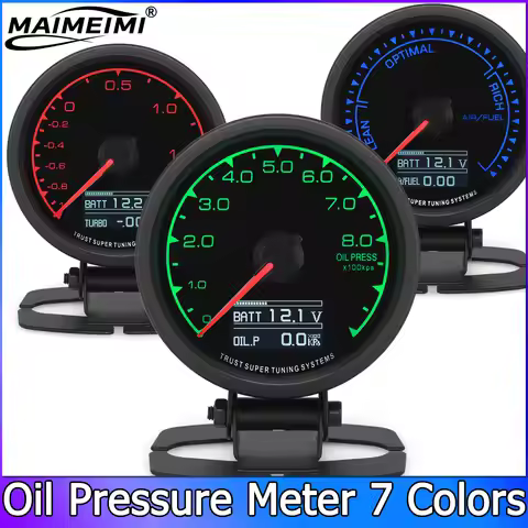 62MM Car Oil Pressure Meter Kpa 7 Colors Boost Gauge AFR LCD Digital Display Car Gauge Oil Press + S