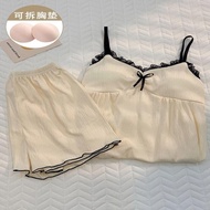 【ks1160.my】 蕾丝边自带胸垫吊带睡衣女夏款棉质短裤无袖两件套装薄款夏天清凉Lace edge comes with a chest cushion and suspender, pajama