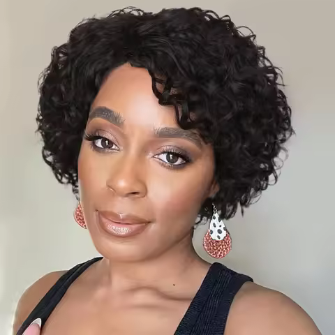 Short Curly Human Hair Wigs for Black Women Pixie Curly Bob Wig Glueless Side Part Kinky Curly Deep 