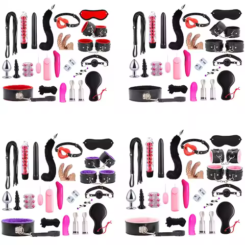 Exotic Bondage Set for Couples BDSM Kits with Leather Handcuffs Whip Gag Nipple Clamps for Adult Pla
