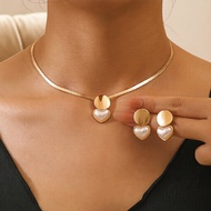 Stylish Round Heart Pearl Necklace & Earling Set Set Barang Kemas Mutiara Bulat Hati Bergaya, Set Su